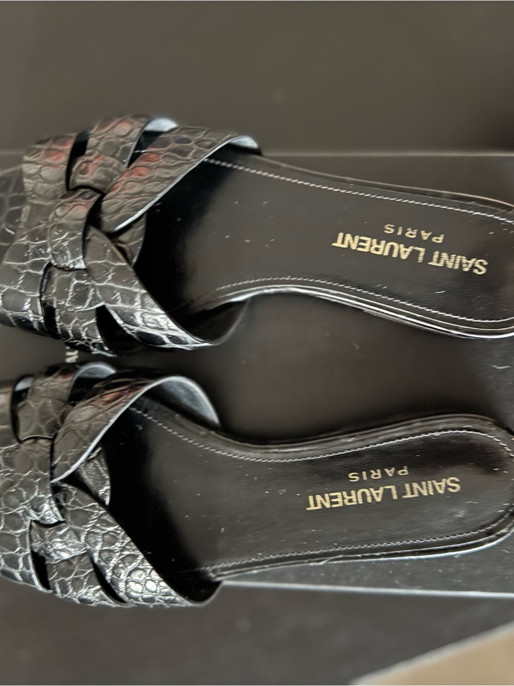 Saint Laurent Black Croc-Embossed Tribute Slide Sandals - Picture 2 of 5